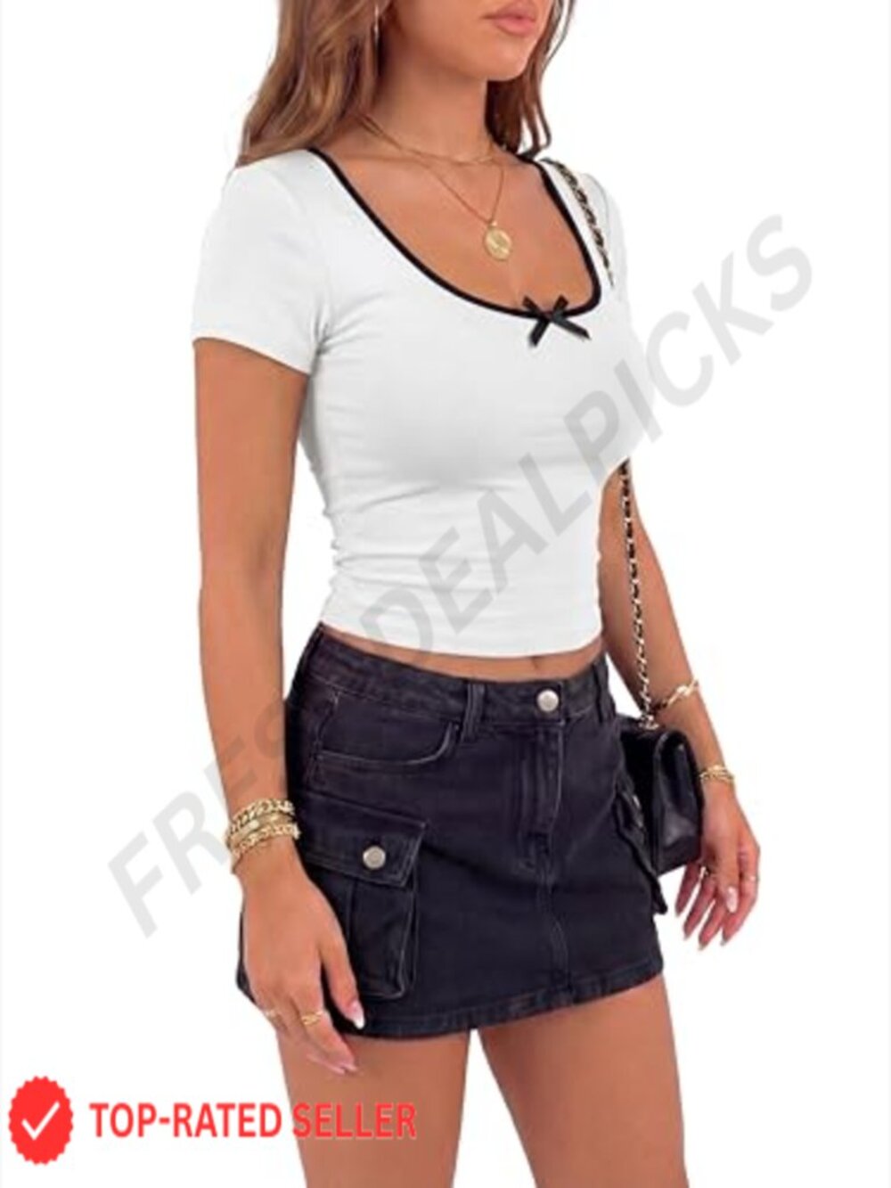 Womens Bow Front Short Sleeve Crop Tee Shirt Crew Neck Slim Fit T Shirt Top - Picture 2 of 7